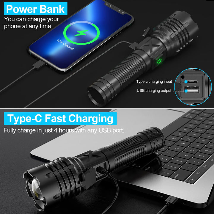 Banral 100000 Lumen wiederaufladbare Taschenlampe, IPX6 wasserdicht, 5 Modi, zoombar, Aluminium