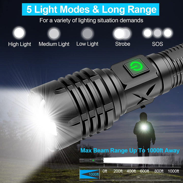 Banral 100,000 Lumen Rechargeable Torch, IPX6 Waterproof, 5 Modes, Zoomable, Aluminium