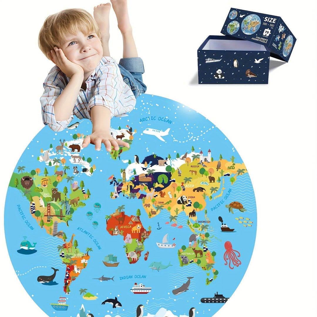 70-Piece Floor Puzzle – Round World Map Design for Children
