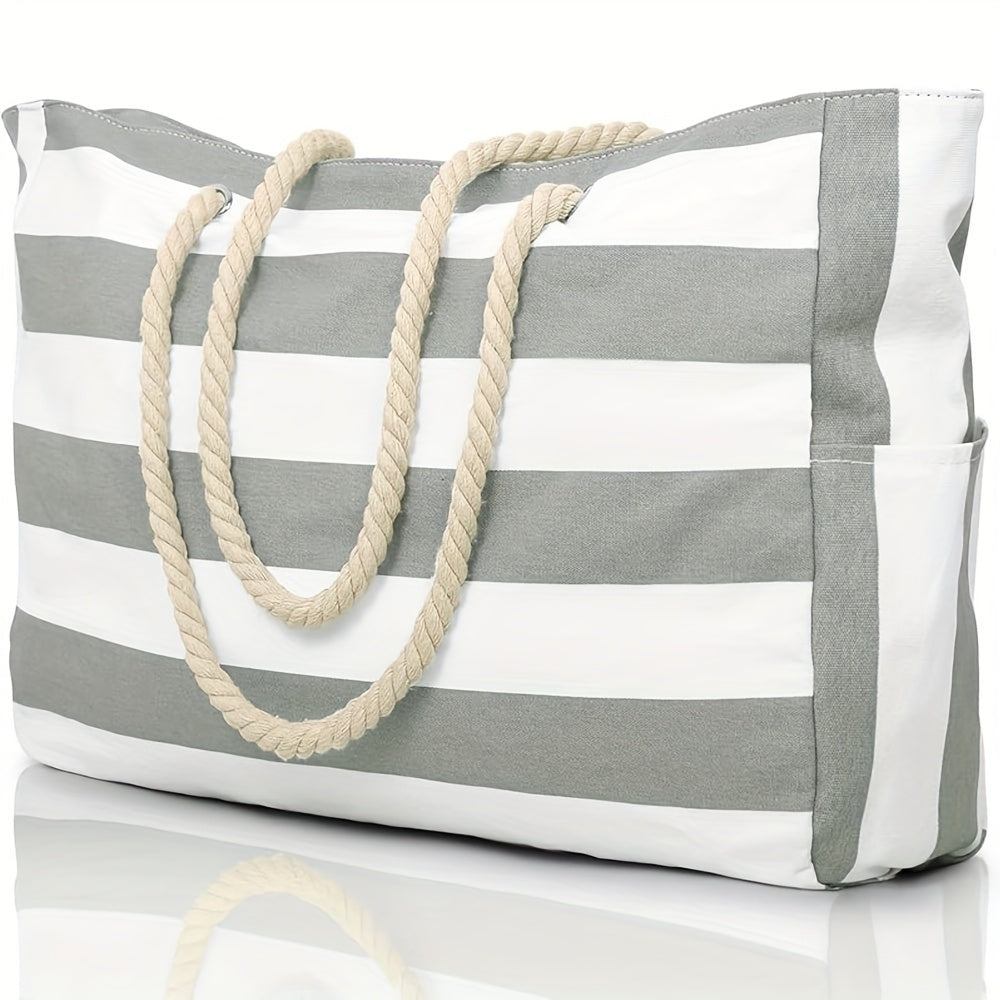 Large-Capacity Striped Beach Bag – Durable Polyester with Zip