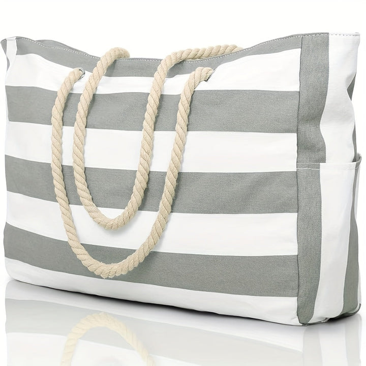 Large-Capacity Striped Beach Bag – Durable Polyester with Zip