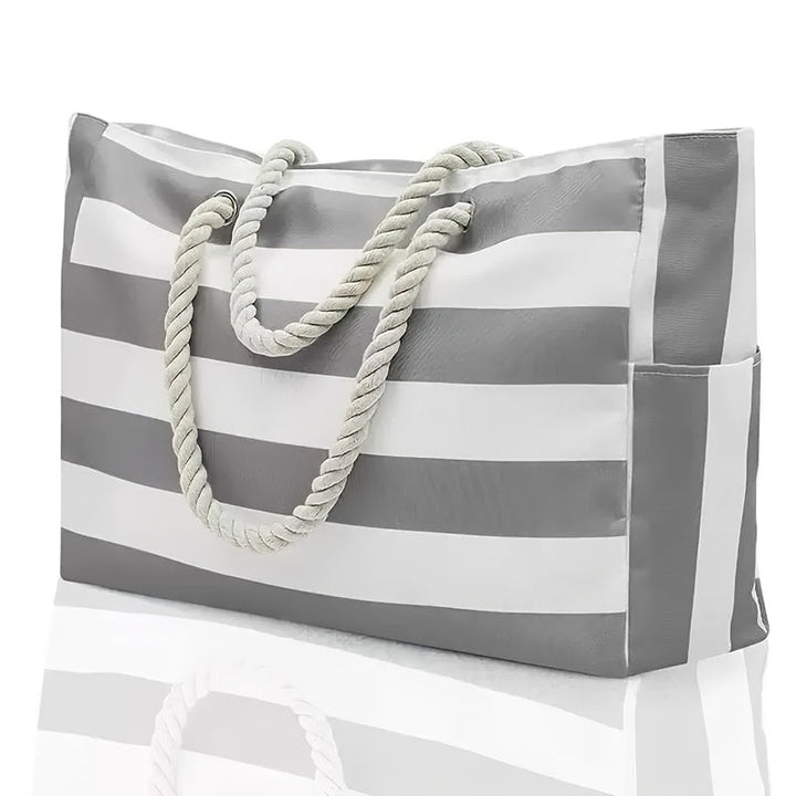 Large-Capacity Striped Beach Bag – Durable Polyester with Zip