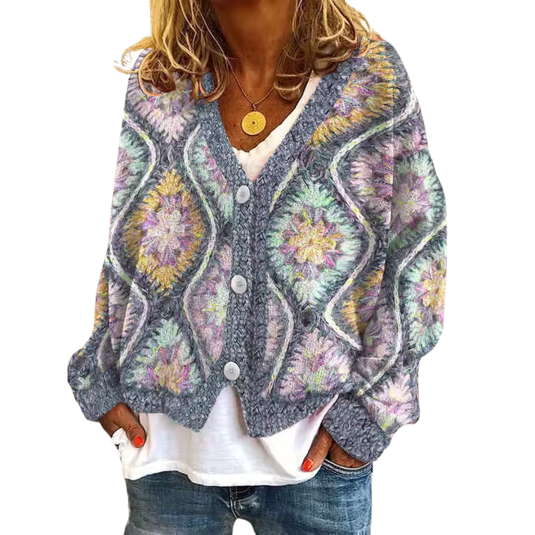 Loose Fit Knitted Cardigan with Abstract Print