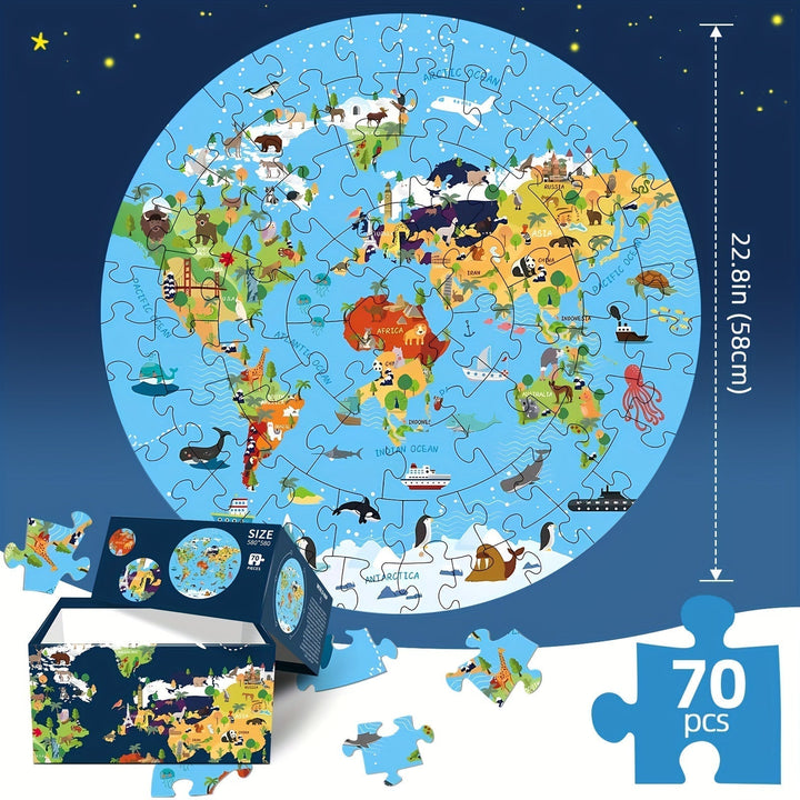 70-Piece Floor Puzzle – Round World Map Design for Children
