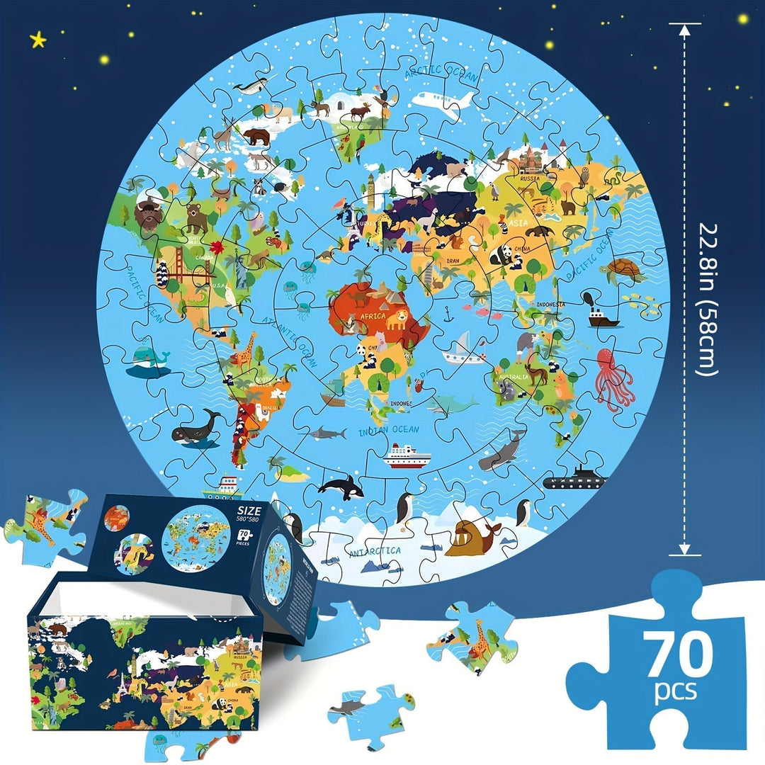 70-Piece Floor Puzzle – Round World Map Design for Children