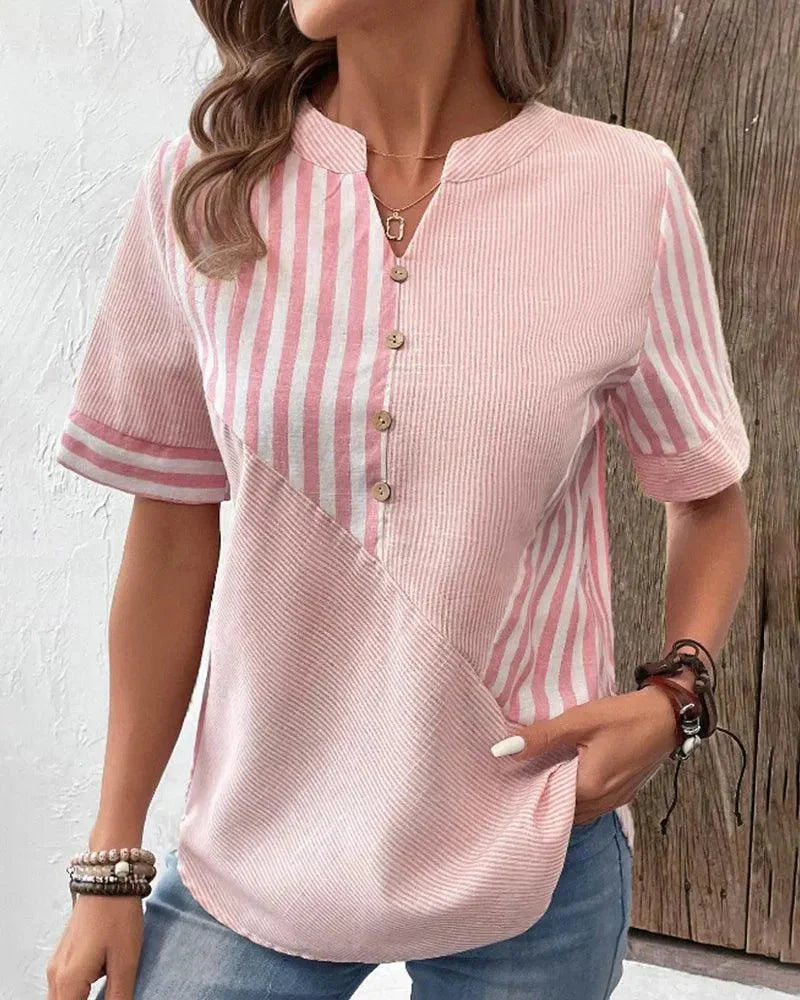 Women’s Lightweight Striped Blouse with Mandarin Collar