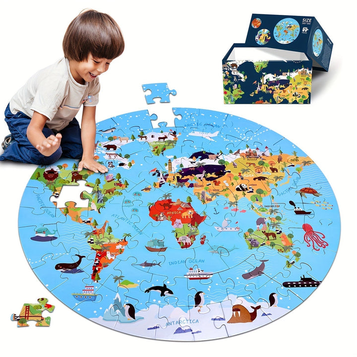 70-teiliges Bodenpuzzle – Design einer runden Weltkarte für Kinder