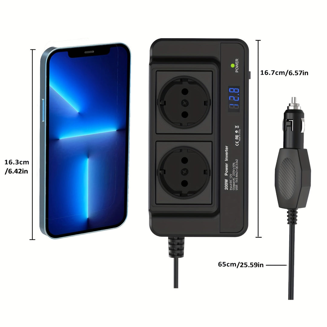 Compact Car Inverter 200W – Double Sockets & Four USB Ports