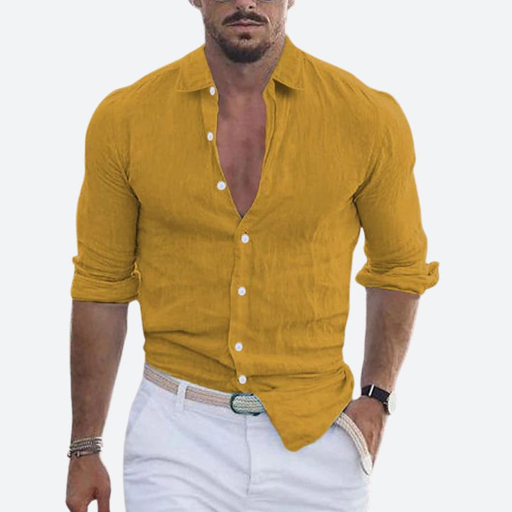 Men's slim-fit linen shirt, open collar, summer button-up shirt