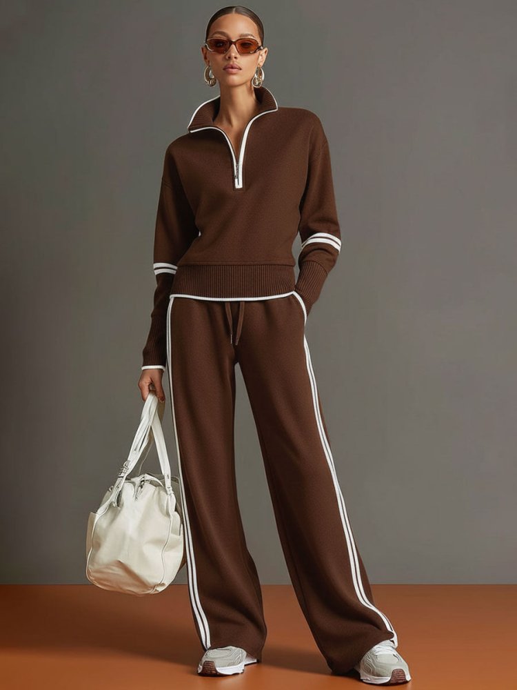 Women's Half-Zip Lounge Set – Soft Stretch, Wide Legs, Ideal Travel Outfit