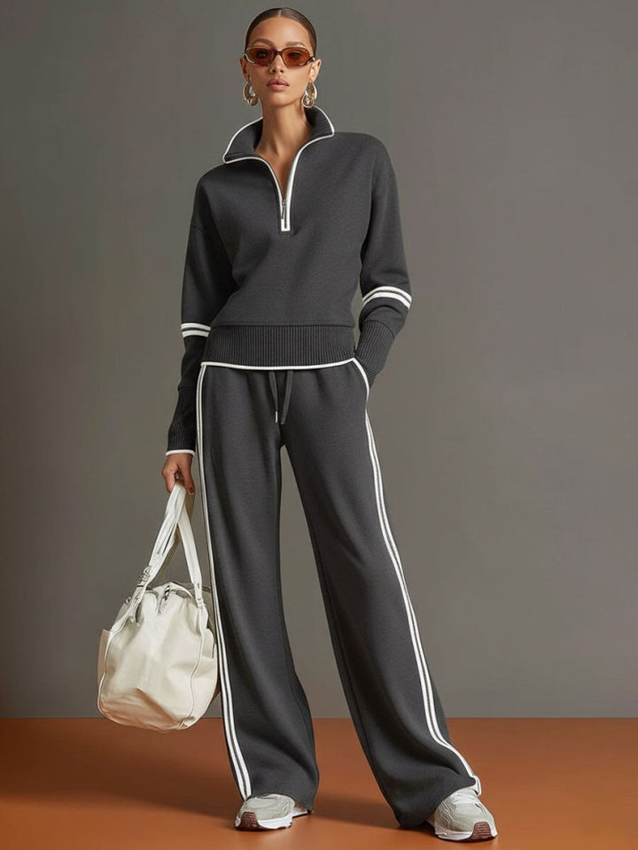 Women's Half-Zip Lounge Set – Soft Stretch, Wide Legs, Ideal Travel Outfit