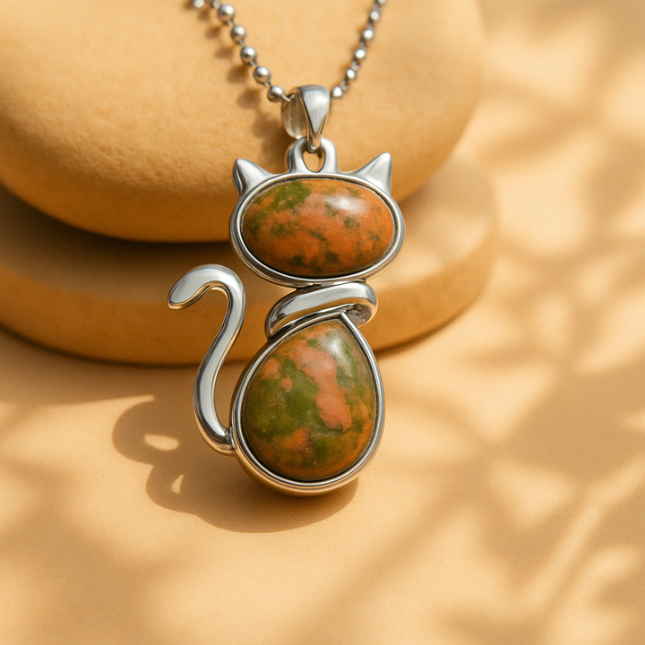 Elegant Natural Stone Necklace with Cat Pendant