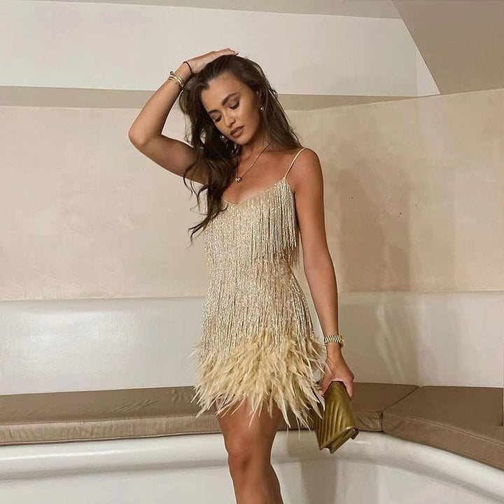 Women's Feather Mini Dress Glamorous & Playful