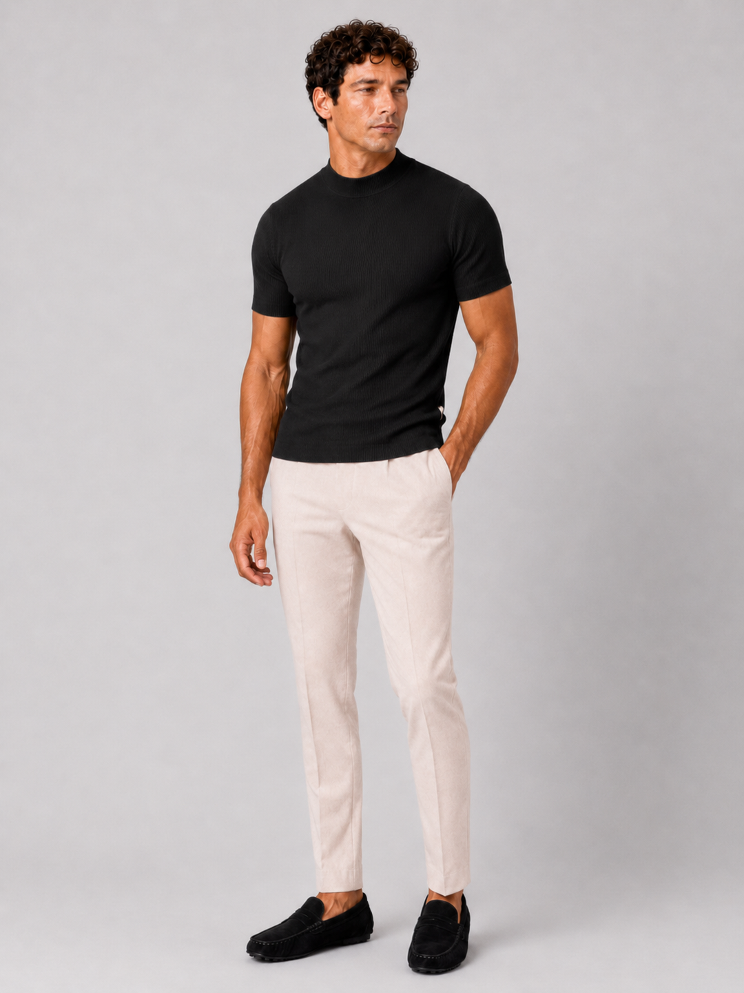 Men's ribbed T-shirt with stand-up collar – fitted stretch short-sleeved top