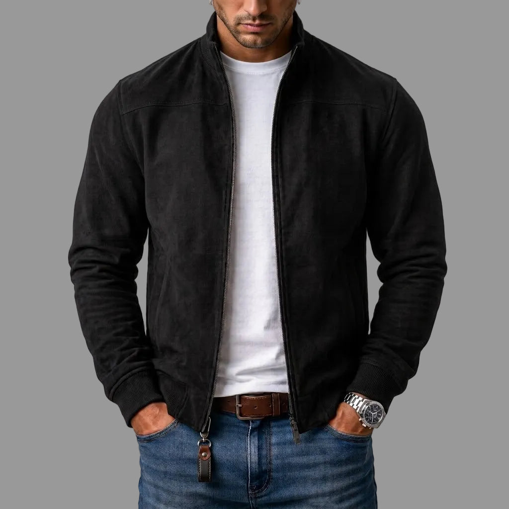 Men's Faux Suede Bomber Jacket with Stand Collar and Full-Length Zip