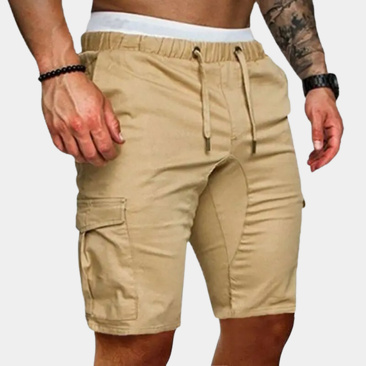 Beige cargo herenshorts met elastische tailleband en trekkoord, zijzakken, casual zomerstijl. Perfect voor outdoor activiteiten en dagelijks gebruik.