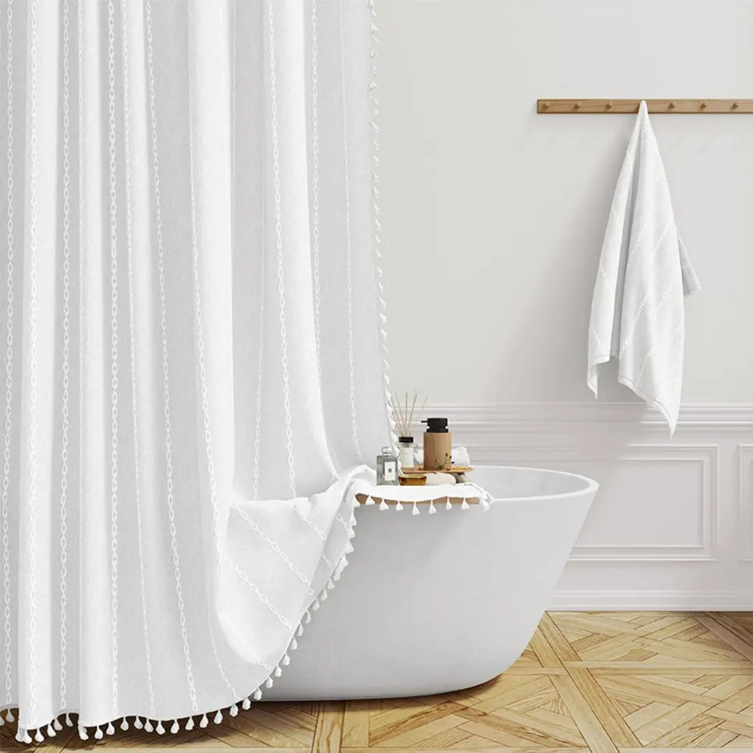 Country Fabric – Boho Linen Shower Curtain with Fringe