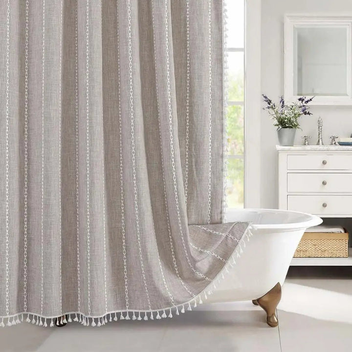 Country Fabric – Boho Linen Shower Curtain with Fringe