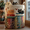 Quilted laundry basket with cat pattern, foldable fabric laundry basket with handles