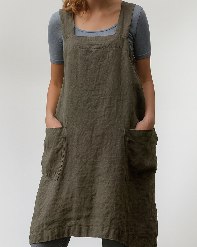 Women’s Cotton Linen Apron Style Dress with Pockets
