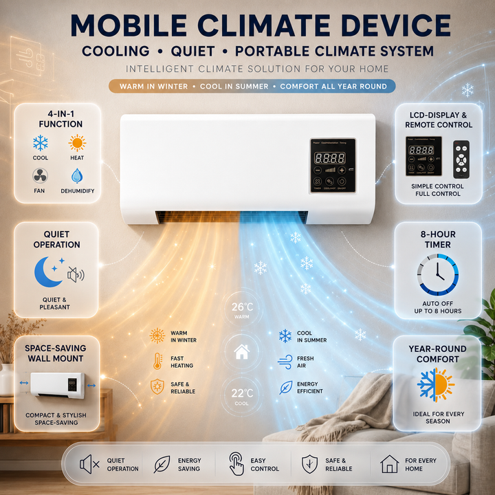 4-in-1 ductless wall-mounted air conditioner – cooling, heating, ventilation, dehumidifying, quiet operation with timer