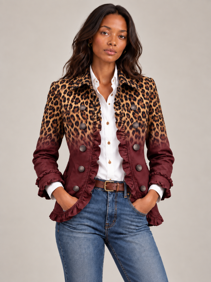 Women's Blazer with Leopard Print Gradient and Ruffles, Double-Breasted Front