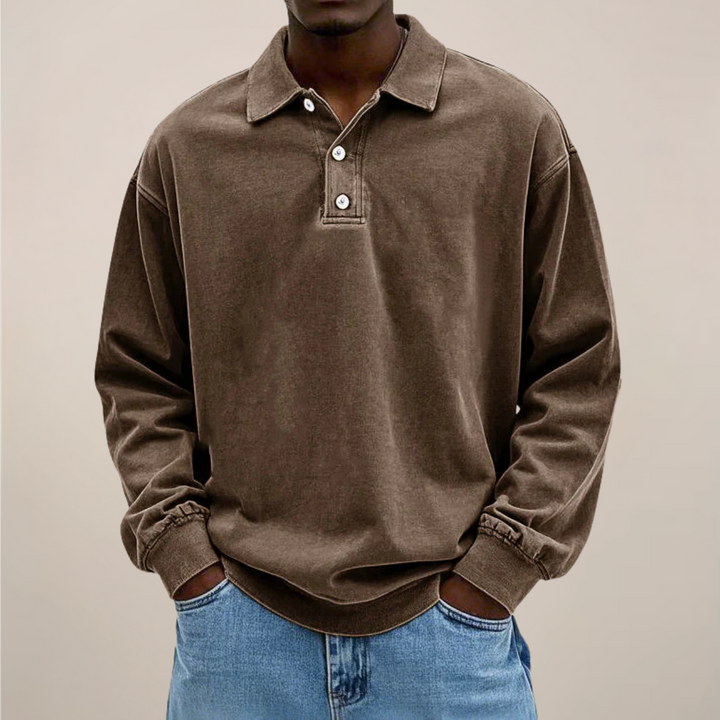 Men's Long-Sleeve Polo Shirt with Button Placket and Relaxed Fit
