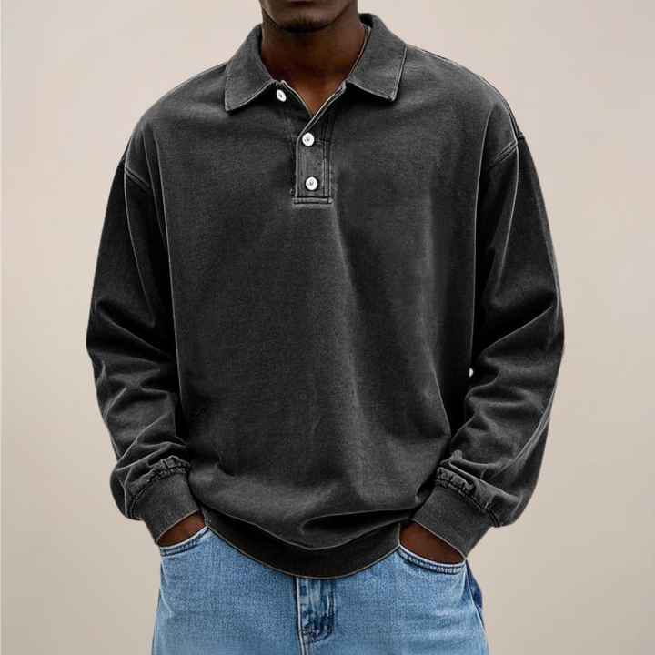 Men's Long-Sleeve Polo Shirt with Button Placket and Relaxed Fit