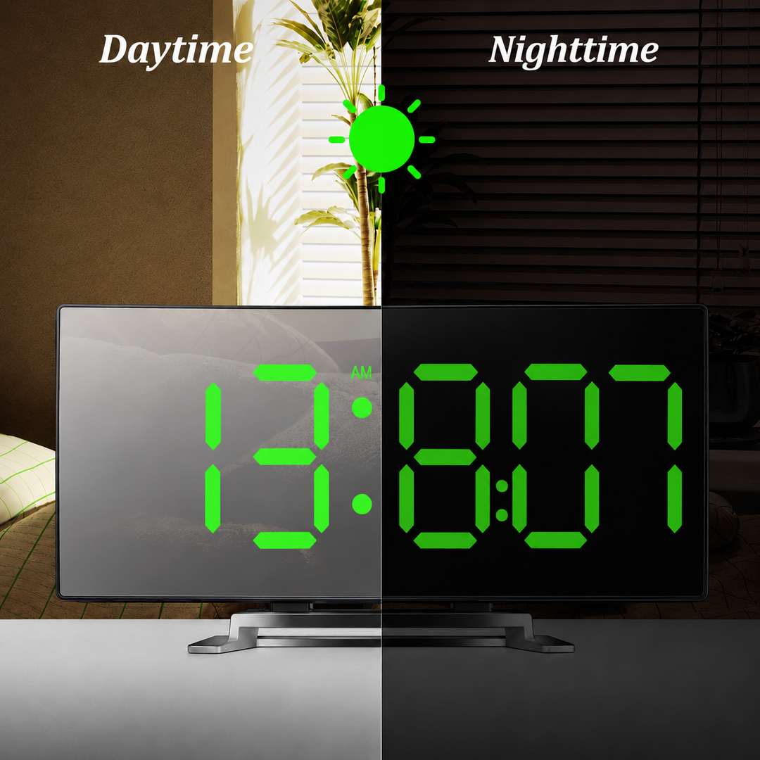 Digital Clock | LED Alarm Clock with Mirror | Automatic Dimming, No Glare | CurveClock
