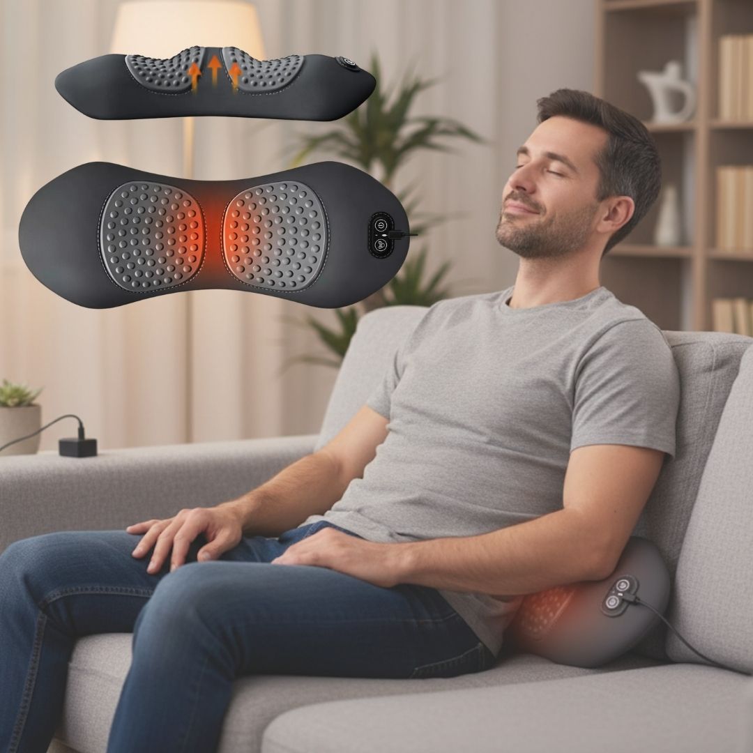 Rückenmassagegerät mit Wärme und Vibration, Lendenstütze bei Ischias, Rückenschmerzen und Haltungskorrektur – 3-in-1 Heimtherapie