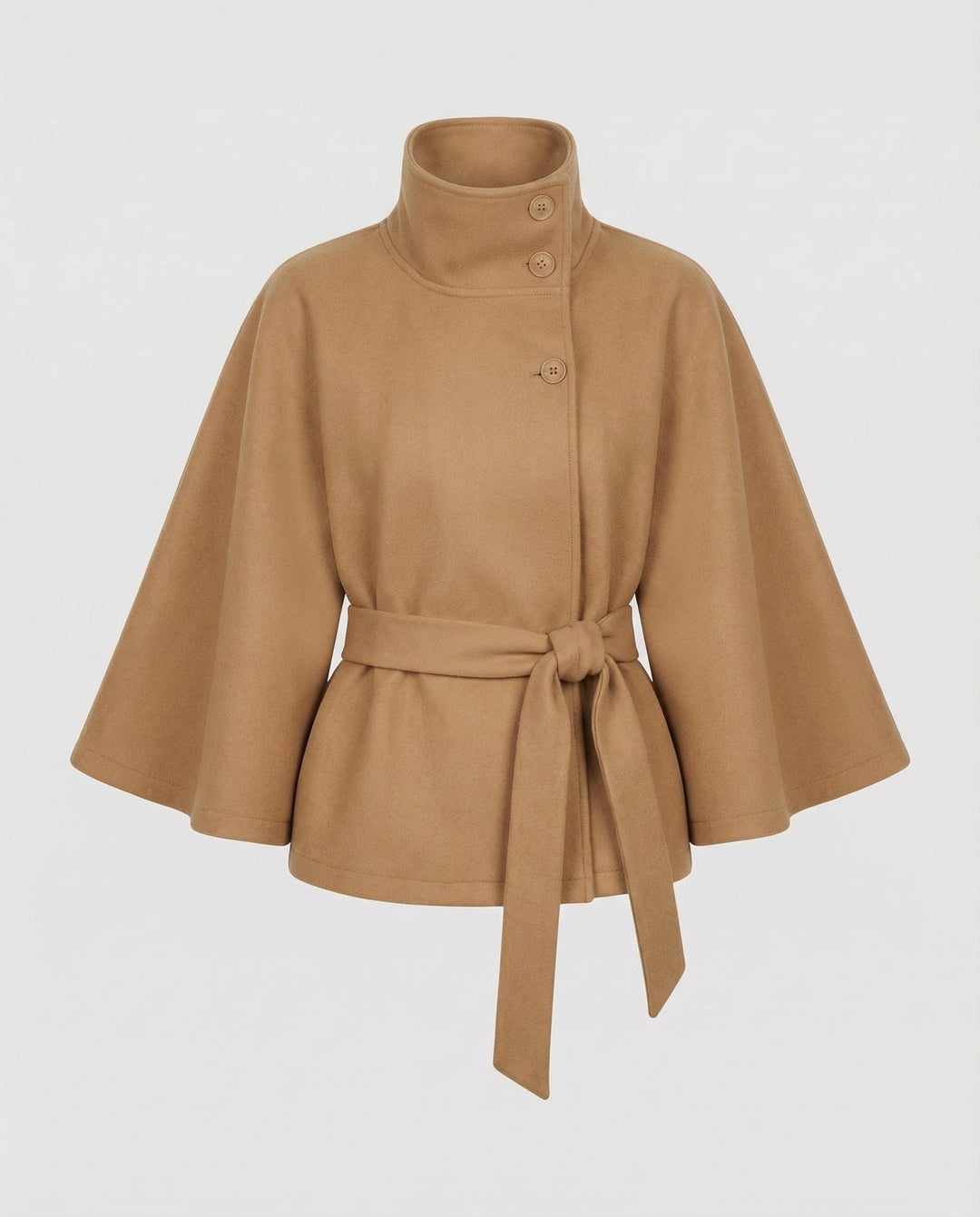 Women's Belted Wool-Blend Cape Jacket – High-Neck Winter Layer