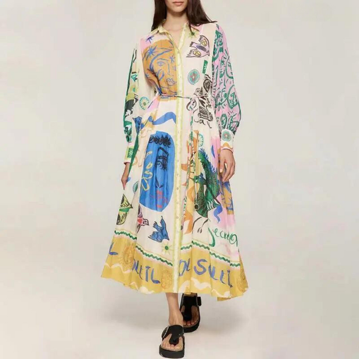 Flared Midi Dress with an All-Over Graphic Print - Lela