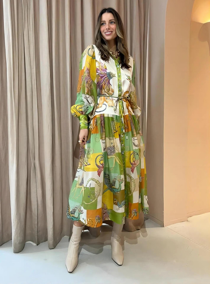 Flared Midi Dress with an All-Over Graphic Print - Lela