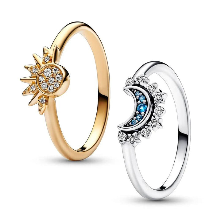 SPARKLING SILVER – Crystal Ring with Moon and Sun Design
