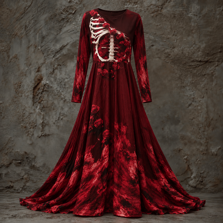 Women's Halloween Dress with Long Sleeves, Maxi Length with Skeleton-Style Bodice