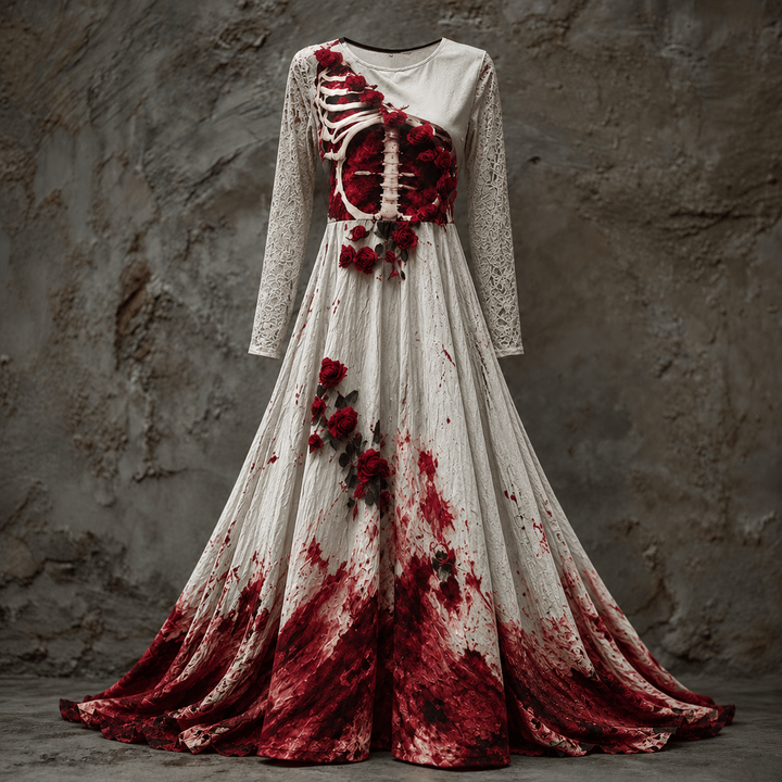 Women's Halloween Dress with Long Sleeves, Maxi Length with Skeleton-Style Bodice