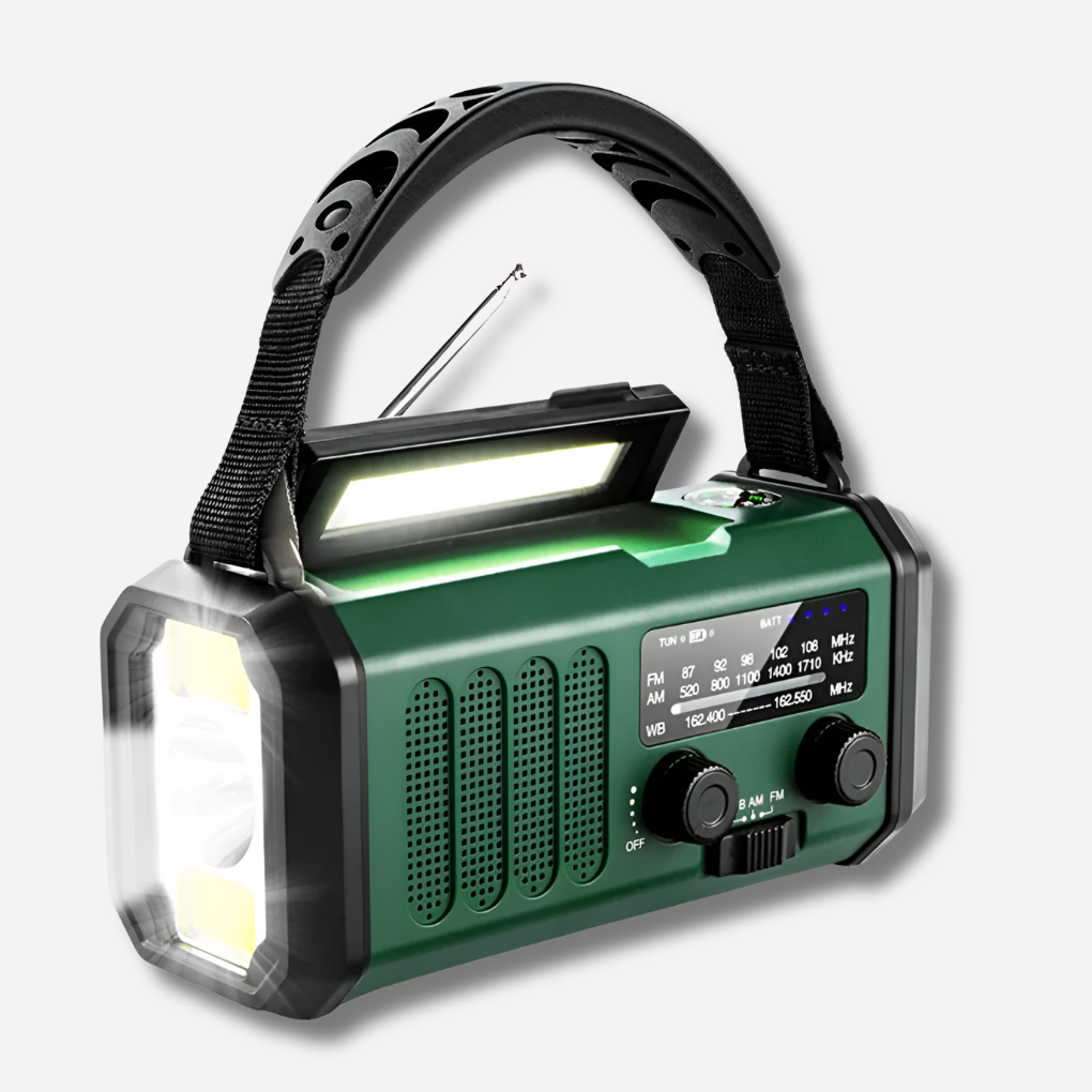 Emergency radio with hand crank, solar panel, and power bank function