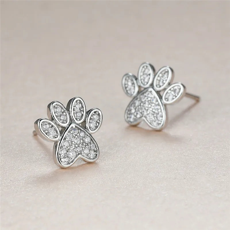 White Cubic Zirconia Paw Studs – Heart-Shaped Design