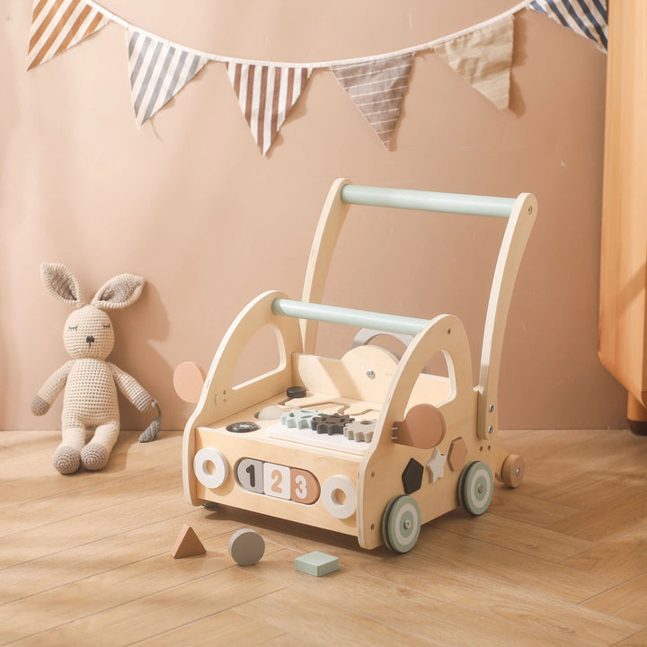 Lauflernwagen aus Holz mit Montessori-Spielelementen und Spiegeln
