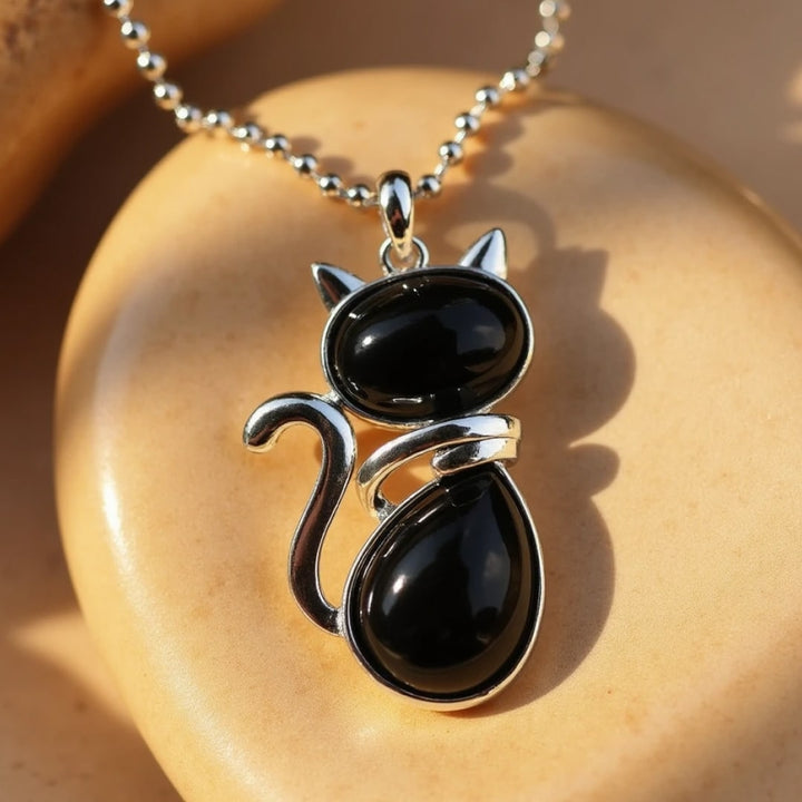 Elegant Natural Stone Necklace with Cat Pendant