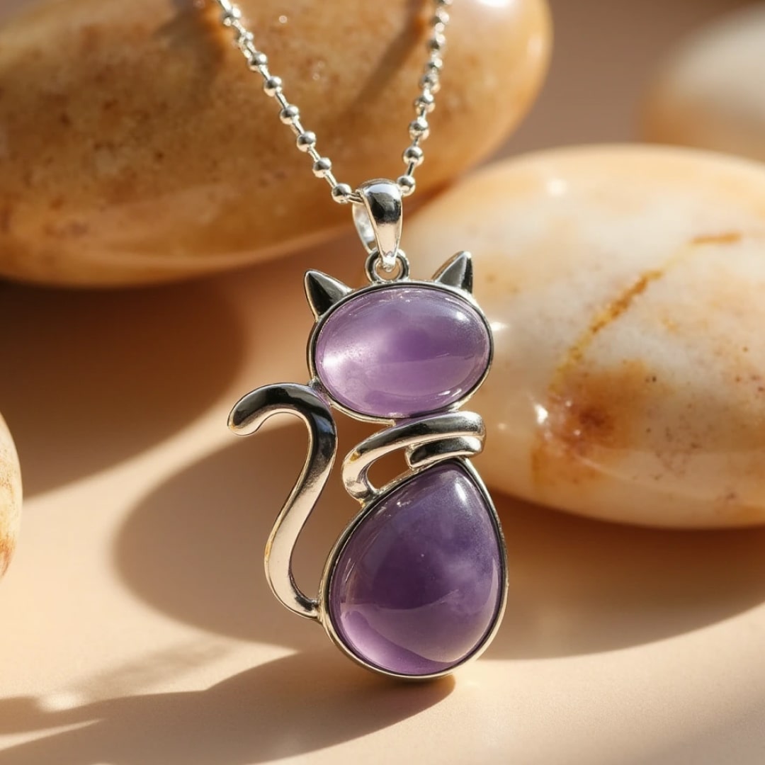 Elegant Natural Stone Necklace with Cat Pendant