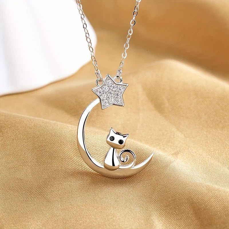 Sterling Silver Cat Moon Star Pendant