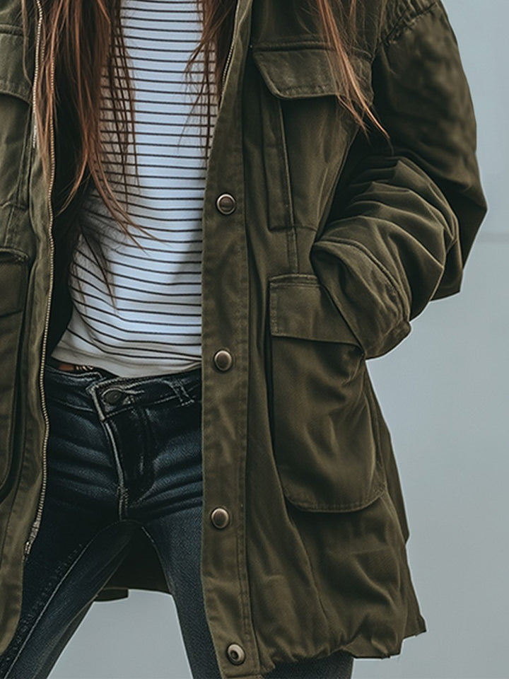 Women's Utility Jacket in Green, Relaxed Military-Style Fit with Pockets