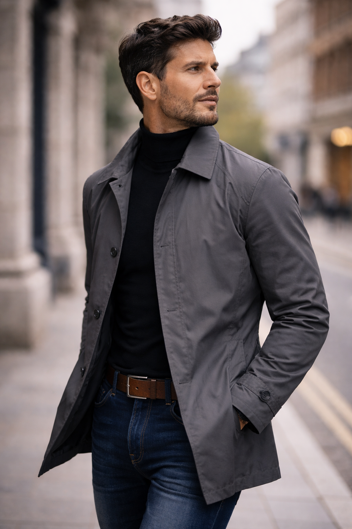 Lightweight Men's Trench Jacket with Pointed Collar and Button Placket