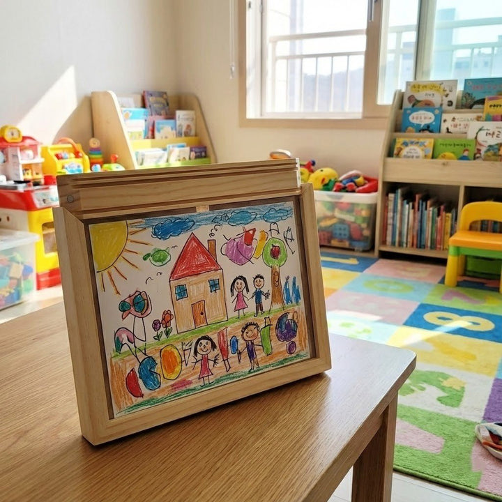 Children's display frame with storage for artwork and craft projects