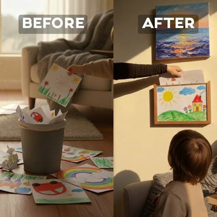 Children's display frame with storage for artwork and craft projects