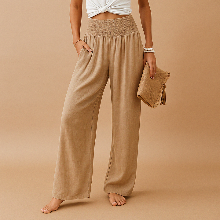 High-waist linen trousers for women with elastic waistband