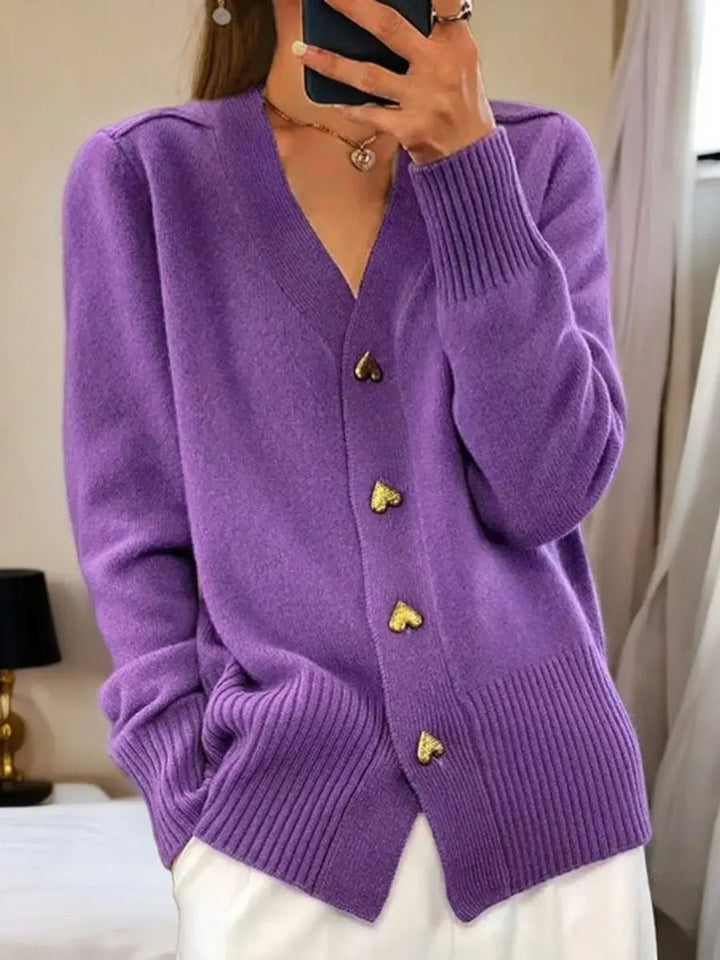 Long cardigan with V-neck and heart-shaped buttons