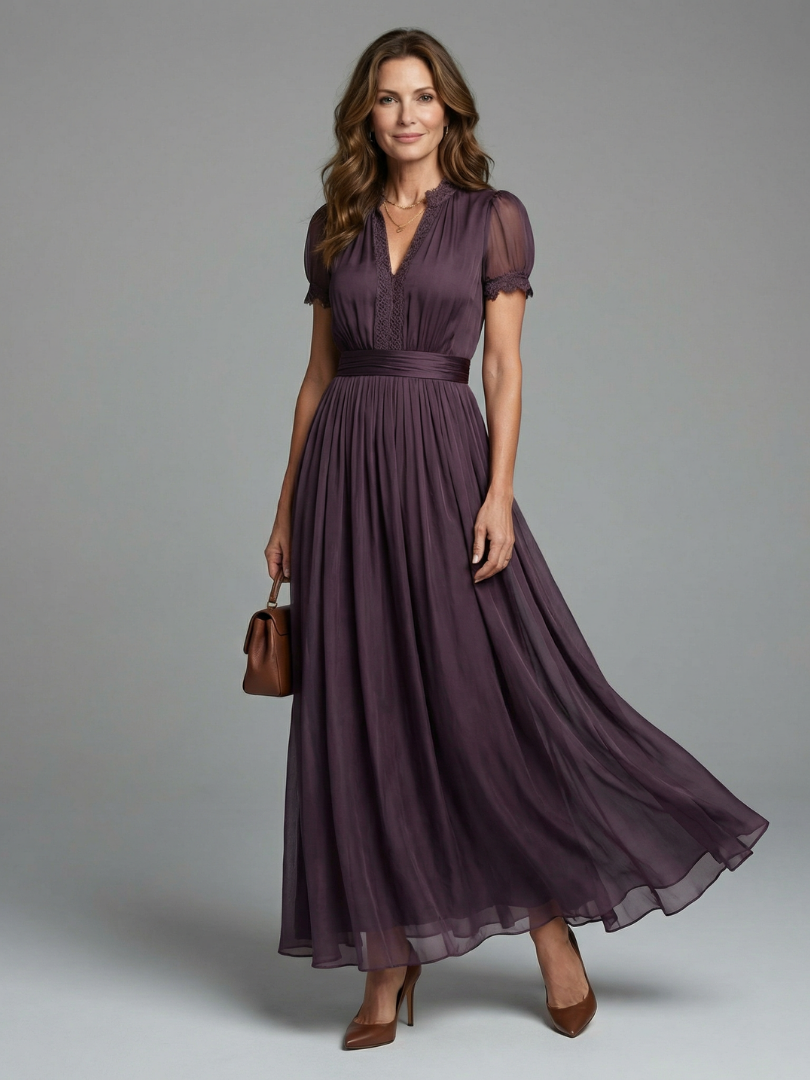 Women's Maxi Dress with Pleated Waist and Sheer Sleeves