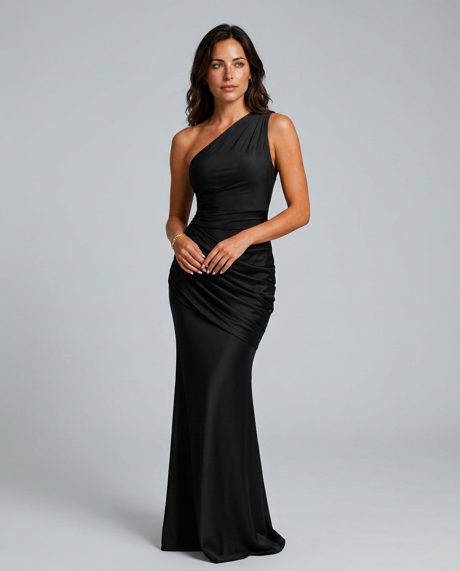 One-shoulder draped satin maxi dress